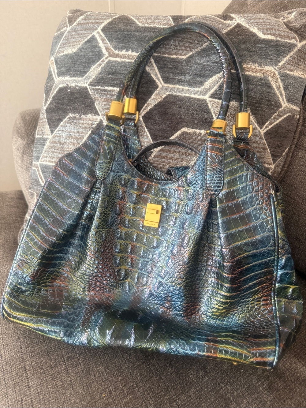 Brahmin Iridescent Croc-Embossed Tote in Blue-Green Multi
